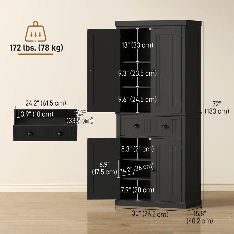 HOMCOM 72" Tall Kitchen Pantry Cabinet, Modern Buffet Storage Cabinet with 4 Beadboard Doors, Drawer and Adjustable Shelves, Black