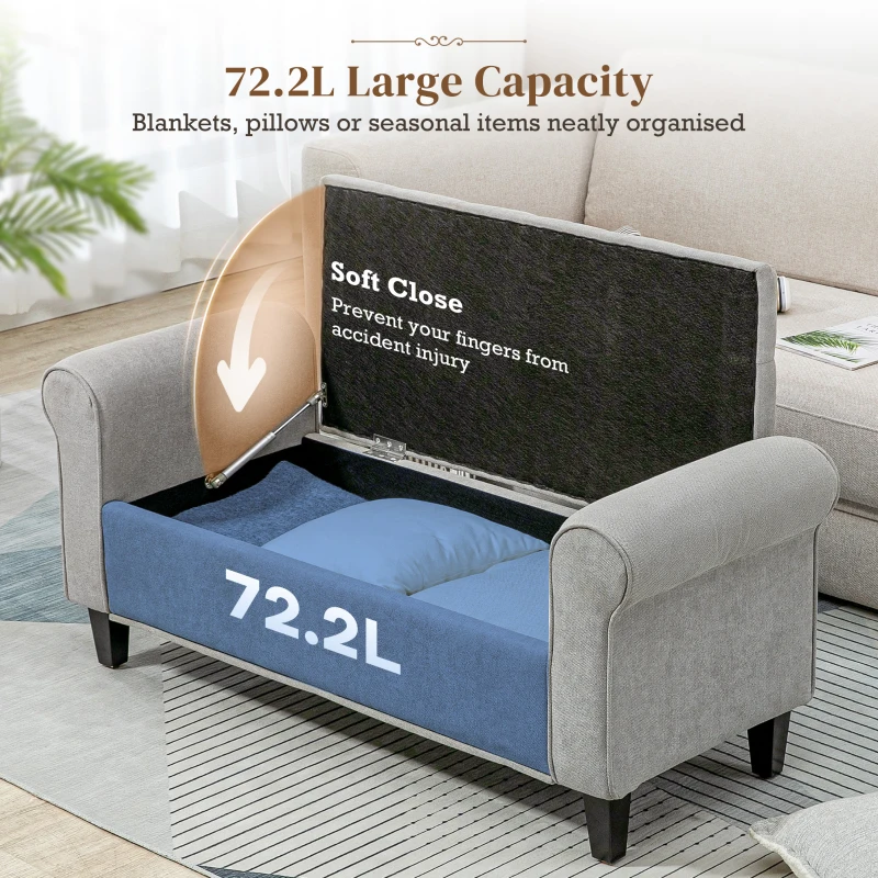 HOMCOM 50 Inches Storage Ottoman, End of Bed Bench with Rolled Arms, Wood Legs, Button Tufted Storage Bench, Gray