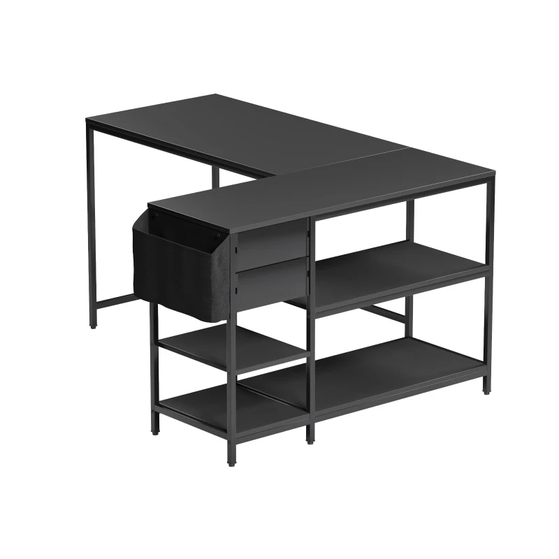 Modern L-Shaped Desk with 2 Drawers and Fabric Organizer, Contemporary Corner Computer Desk for Home Office, 55" L x 46.5" W x 29.5" H, Black