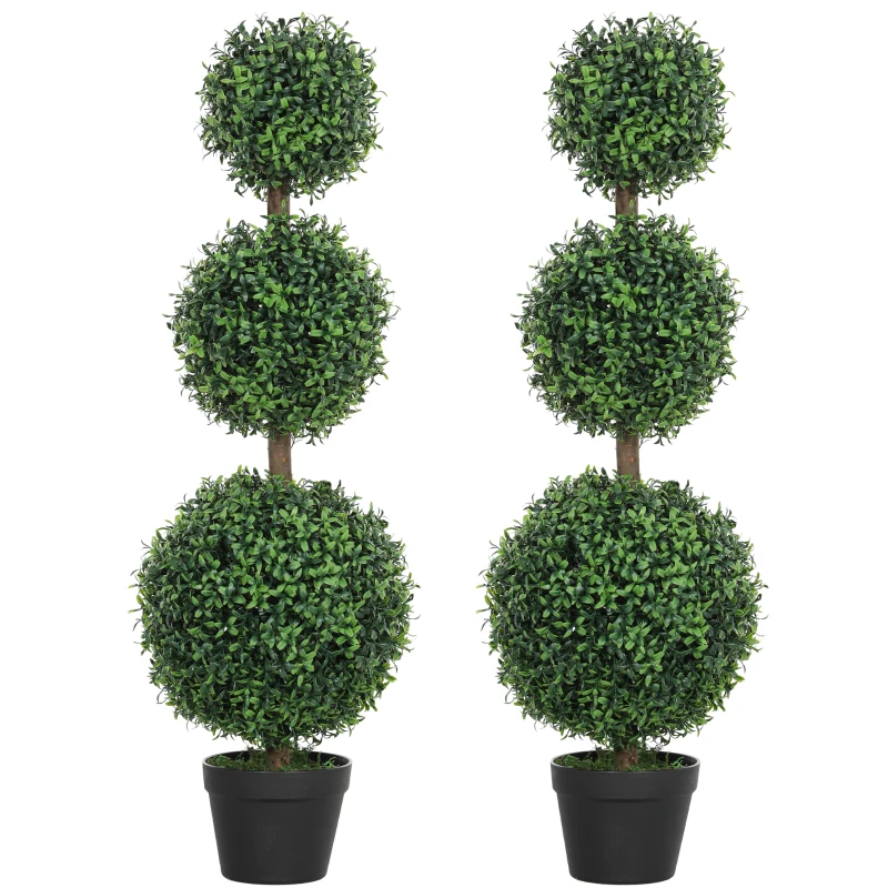 HOMCOM Set of 2 Artificial Ball Boxwood Topiary Trees, Fake Plants in Pot for Indoor Outdoor Living Room Green