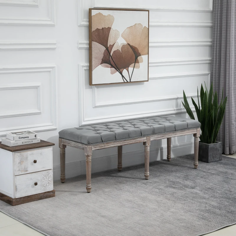 HOMCOM Bedroom End of Bed Bench, 56" Upholstered Entryway Bench with Button Tufted, Thick Padding and Wood Legs, French Vintage Style Linen-Feel Ottoman Bench for Hallway, Living Room, Gray
