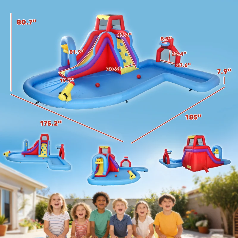 Qaba Inflatable Water Slide 6 in 1 with 480W Blower, Bounce House with Climbing Wall, Splashing Pool, Basketball Hoop