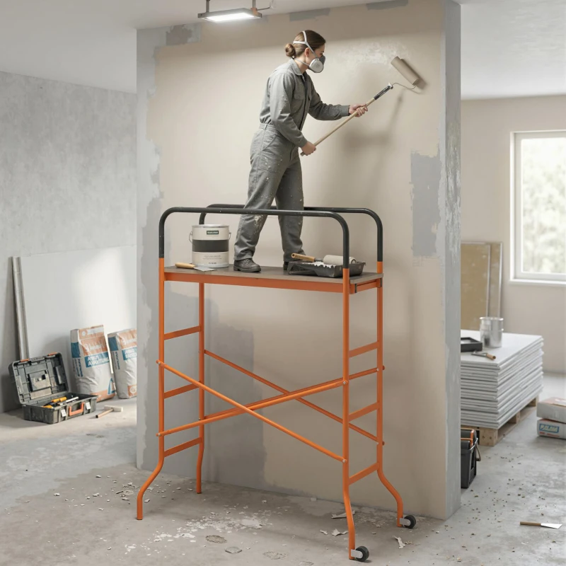 HOMCOM Scaffolding Work Platform, Rolling Scaffolding with Wheels, Scaffold for Building Construction, Orange