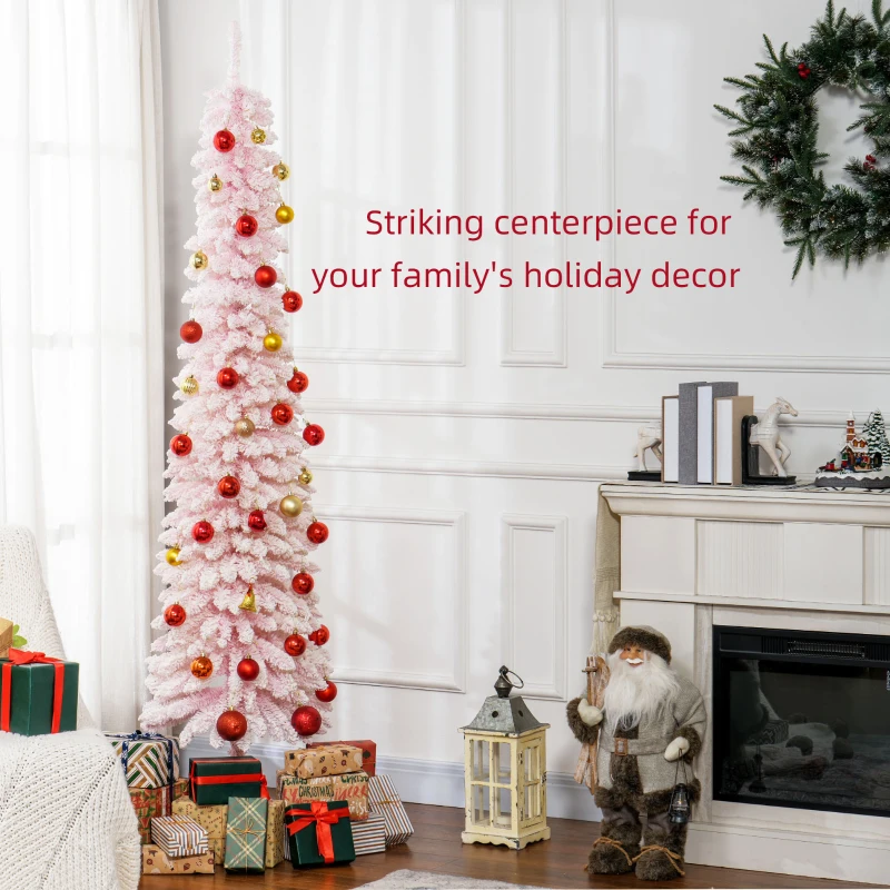 HOMCOM 7ft Snow-Flocked Artificial Christmas Tree, Slim Pencil Xmas Tree with 490 Realistic Branches, Metal Base, Pink