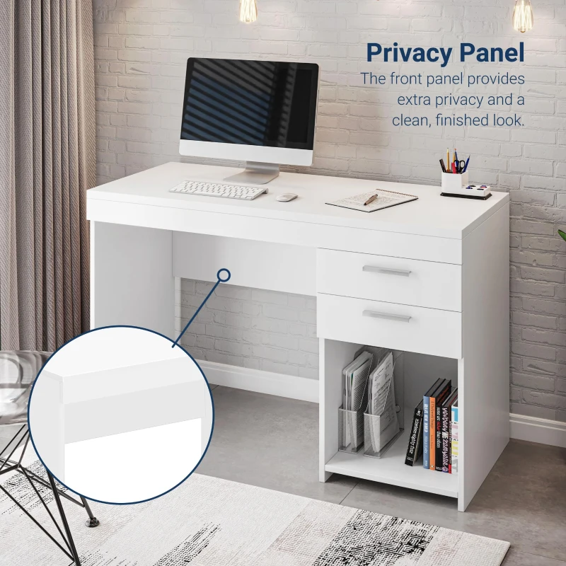 Contemporary White Workstation with Open Bottom Shelf, Modern Home Office Computer Writing Desk for Small Space, 47.5" L x 16" W x 30.5" H, White