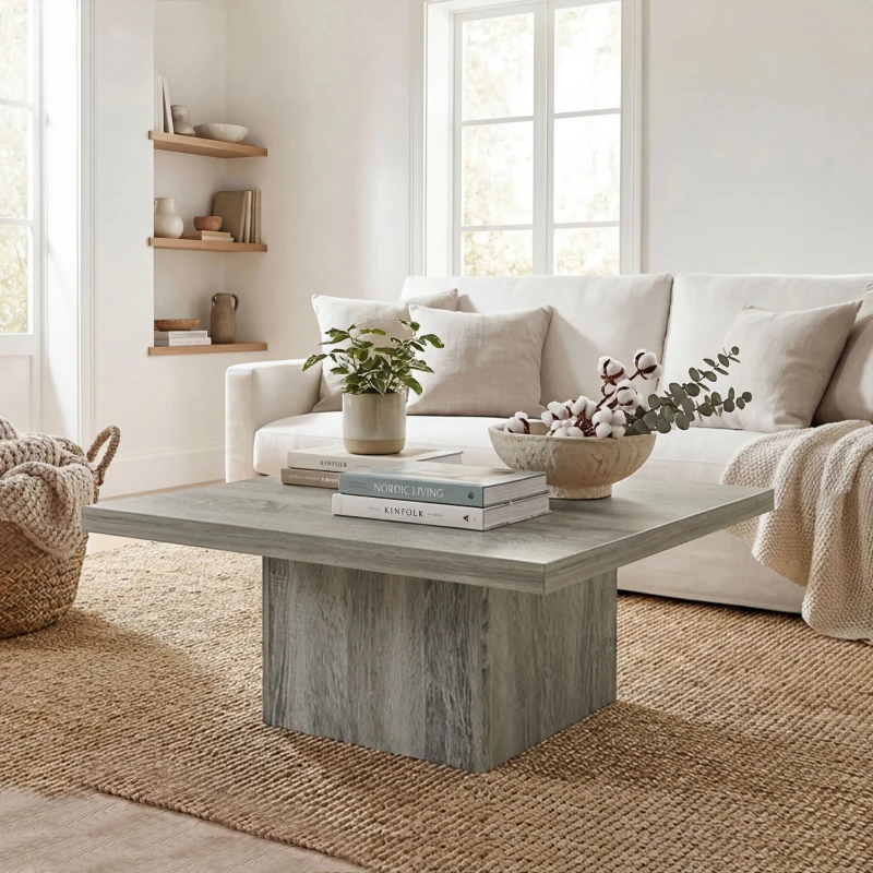 HOMCOM Square Coffee Table, Center Table with 1.6" Thick Tabletop, Gray Wood Grain