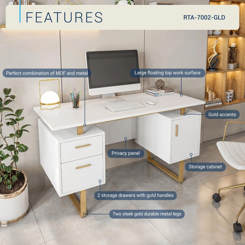 Modern White Desk with 2 Storage Drawers and Cabinet, Sleek Floating Desktop Computer Writing Table for Home Office, 51" L x 23.5" W x 30" H, White