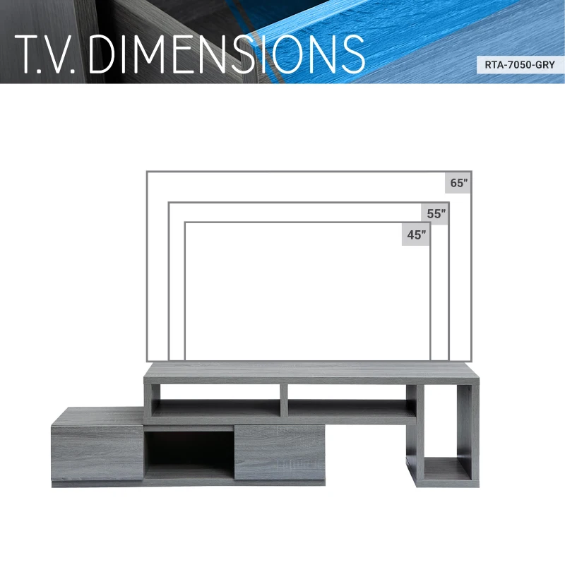 Modern Asymmetrical TV Stand with Expandable Sliding Frame, Adjustable Media Storage Cabinet for Living Room, 53'' L x 15'' W x 18'' H, Gray