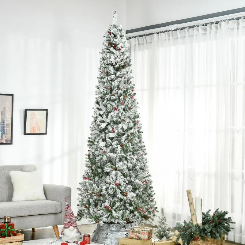 HOMCOM 9 Foot Pencil Snow Flocked Artificial Christmas Tree with Pine Realistic Branches, Pine Cones, Red Berries, Green