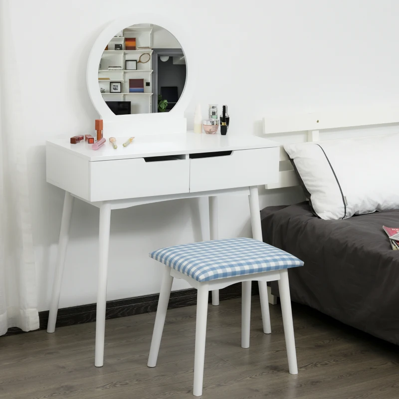 HOMCOM Makeup Vanity Desk with Round Mirror and 2 Drawers, Dressing Table with Cushioned Stool Set for Bedroom (White)
