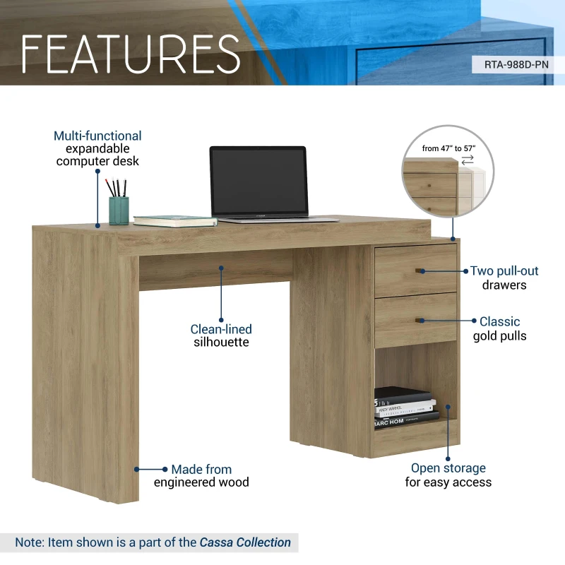 Sleek Expandable Desk with 2 Drawers and Open Bottom Shelf, Modern Home Office Computer Writing Table for Apartment, 47.5" L x 18" W x 29.5" H, Brown