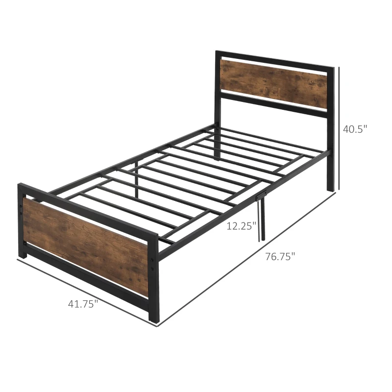 HOMCOM Single Bed Frame with Headboard & Footboard, Strong Metal Slat Support Bed Frame w/ Underbed Storage Space, No Box Spring Needed, 41.75'' x 76.75'' x 40.5''