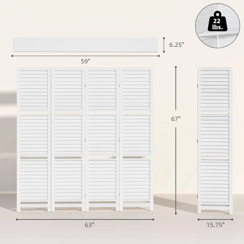 HOMCOM 4 Panel 67" Tall Wood Privacy Screen Room Divider with 3 Shelves and Folding Storage for Bedroom, White