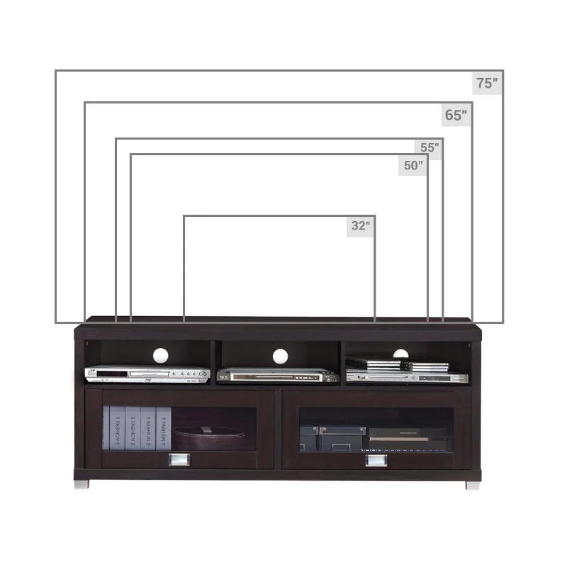 Sleek Durbin TV Stand with Glass Panel Cabinets and Cable Management, Modern Media Sideboard Cabinet for Living Room, 57" L x 15" W x 23" H, Espresso