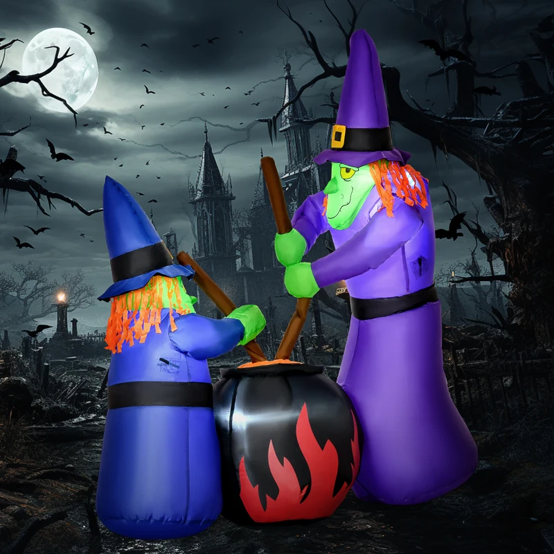 HOMCOM 6' Halloween Inflatables Outdoor Decorations Witches With Cauldron LED Light, Blow Up LED Yard Decor for Garden, Lawn, Party, Holiday