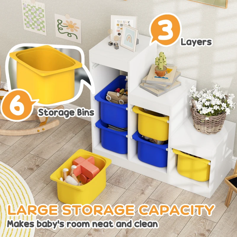Qaba 3 Layers Toy Storage Organizer Kids Bookshelf Children Toy Storage w/ 6 Plastic Bins, Yellow & Blue
