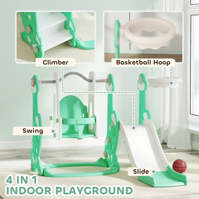 Qaba 4 in 1 Toddler Slide and Swing Set for Ages 1.5-4, Toddler Playset Playground with Climber, Basketball Hoop, Green