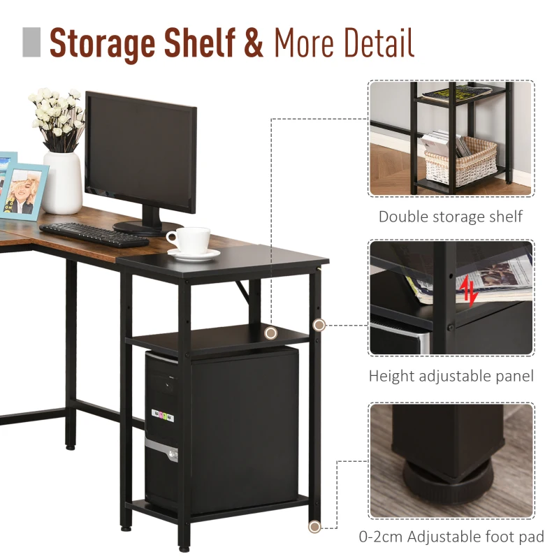 HOMCOM L-Shaped Computer Desk, Industrial Corner Desk with Adjustable Storage Shelf, CPU Tower Stand, Wood Grain Surface