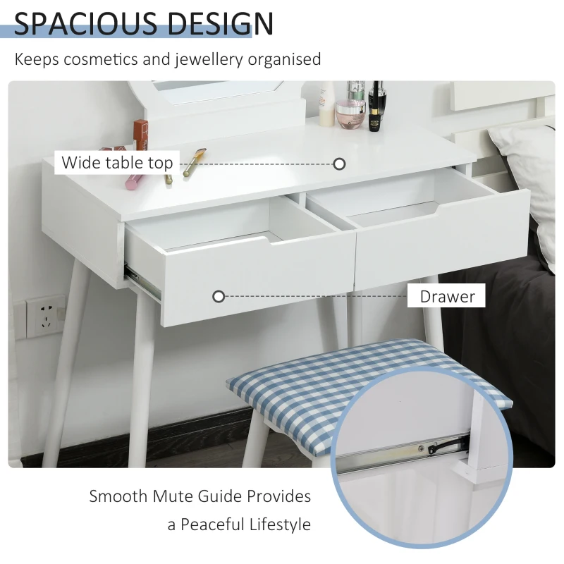 HOMCOM Makeup Vanity Desk with Round Mirror and 2 Drawers, Dressing Table with Cushioned Stool Set for Bedroom (White)