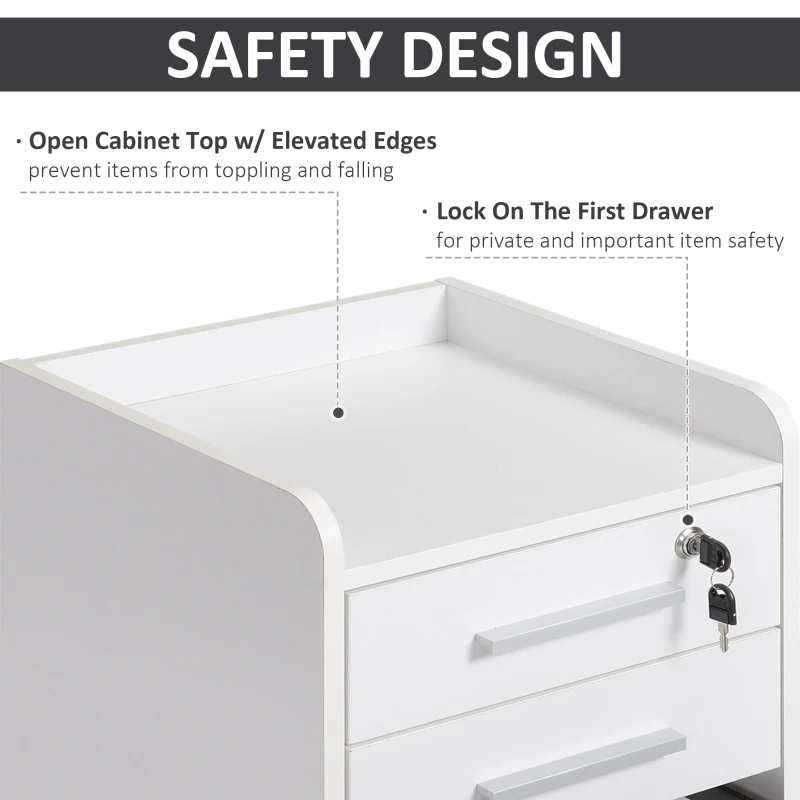 HOMCOM Lockable Filing Cabinet on Wheels, 3 Drawer Mobile File Cabinet with Lock and Edged Top, White