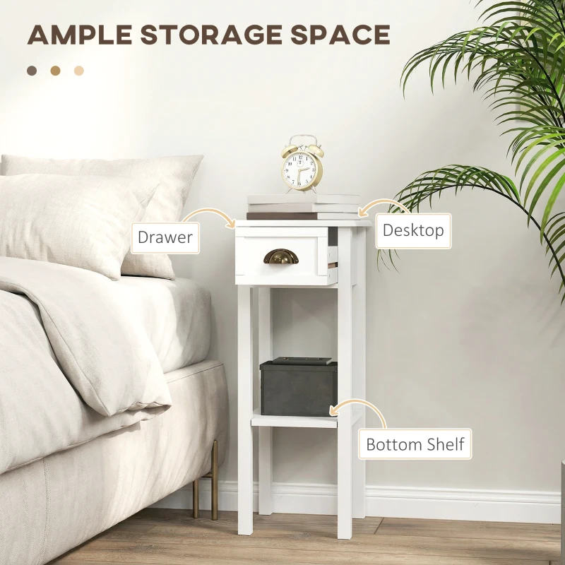HOMCOM 2-Tier Side Tables Set of 2 with Drawer and Shelf, 2 Pieces End Tables for Living Room and Hallway, White
