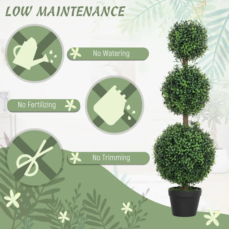 HOMCOM Set of 2 Artificial Ball Boxwood Topiary Trees, Fake Plants in Pot for Indoor Outdoor Living Room Green