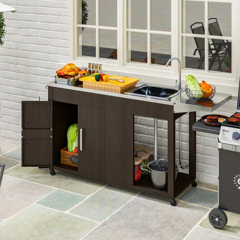 Outsunny Outdoor Grill Table with Stainless Steel Sink and Drainage, Grill Cart with Foldable Side Table and Cabinet, Outdoor Kitchen Island with Wheels, Distressed Brown