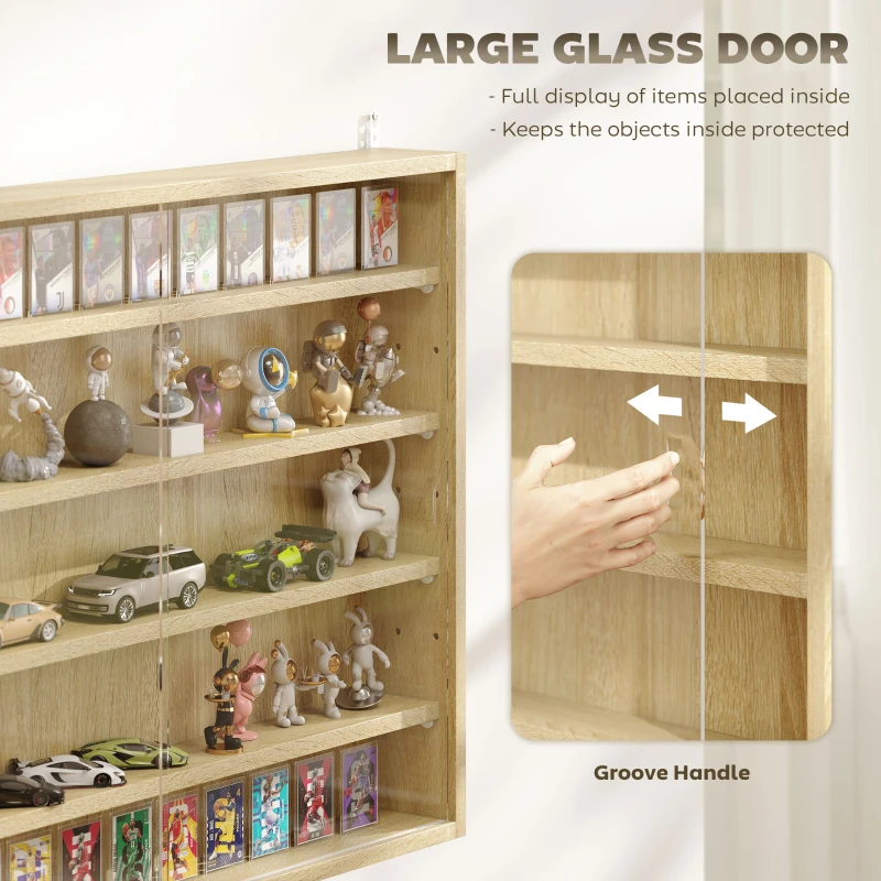 HOMCOM 5-Tier Display Cabinet, Wall-Mounted Display Case with 2 Glass Doors and Adjustable Shelves, Oak