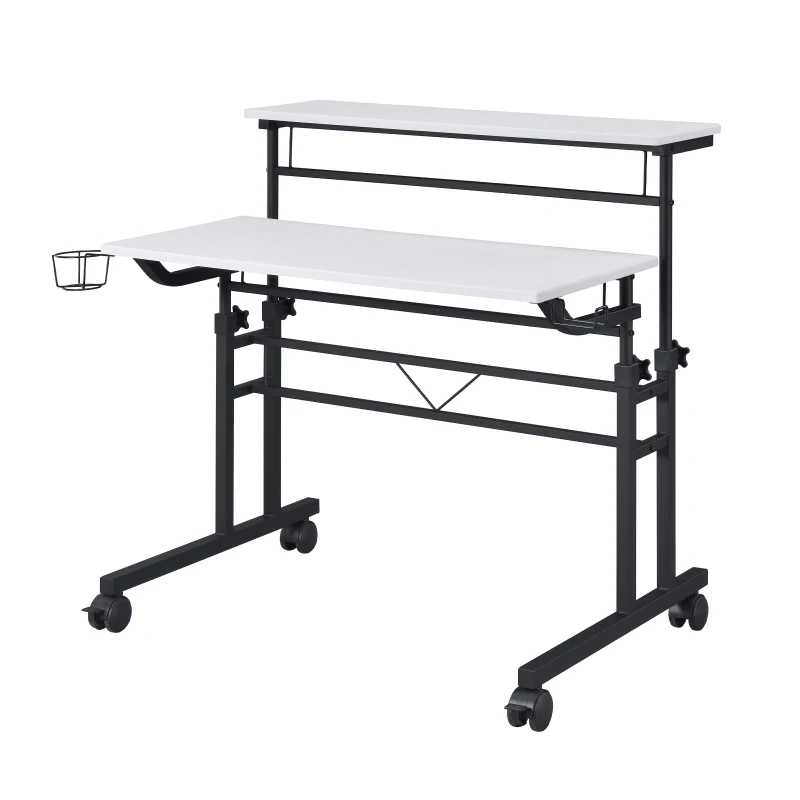 Mobile Writing Desk with Height Adjustment and Headphone Hook, Compact Worktable for Offices and Study Rooms, 35″ L x 23.5″ W x 28″ H, White