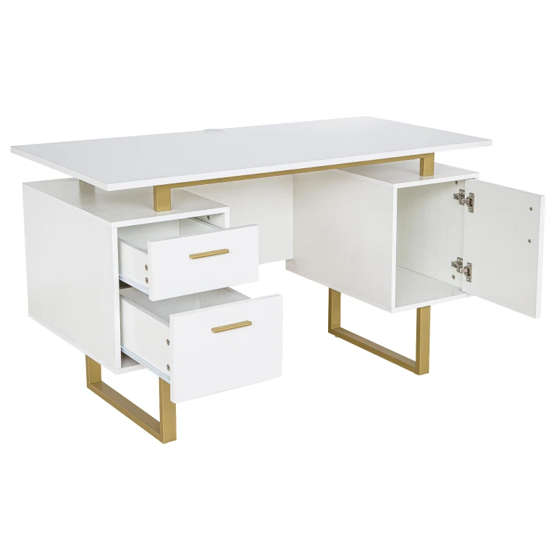 Modern White Desk with 2 Storage Drawers and Cabinet, Sleek Floating Desktop Computer Writing Table for Home Office, 51" L x 23.5" W x 30" H, White
