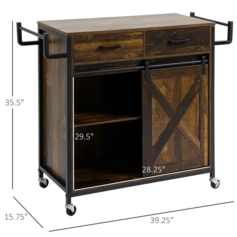 HOMCOM Rolling Kitchen Island Cart with Adjustable Shelf, Rustic Brown