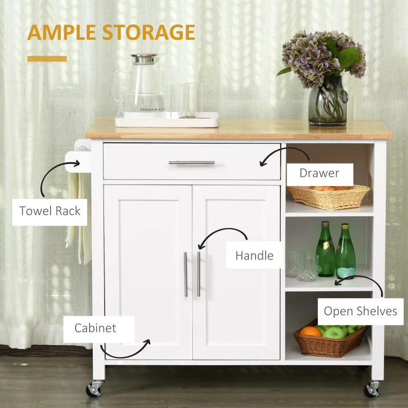 HOMCOM Wooden Rolling Kitchen Island on Wheels,  Kitchen Cart with Drawer for Dining Room, White