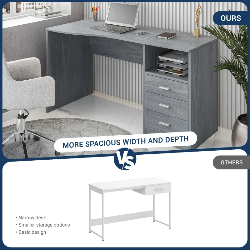 Classic Computer Desk with 3 Drawers and Side Shelf, Modern Contoured Workstation Table for Home Office Studio, 51" L x 23.5" W x 29.5" H, WengeGrey