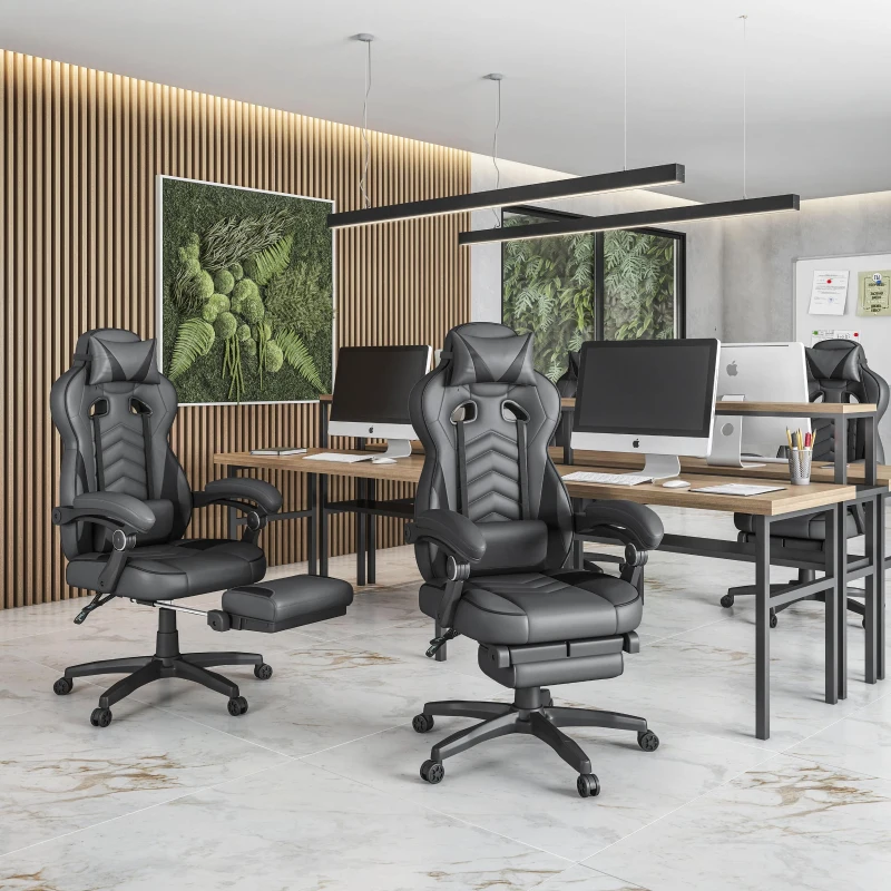 Comforting Executive Chair with Extending Footrest and Headrest Pillow, Ergonomic Office Chair for Gaming Rooms, 28″ L x 27″ W x 48.5″ H, Gray