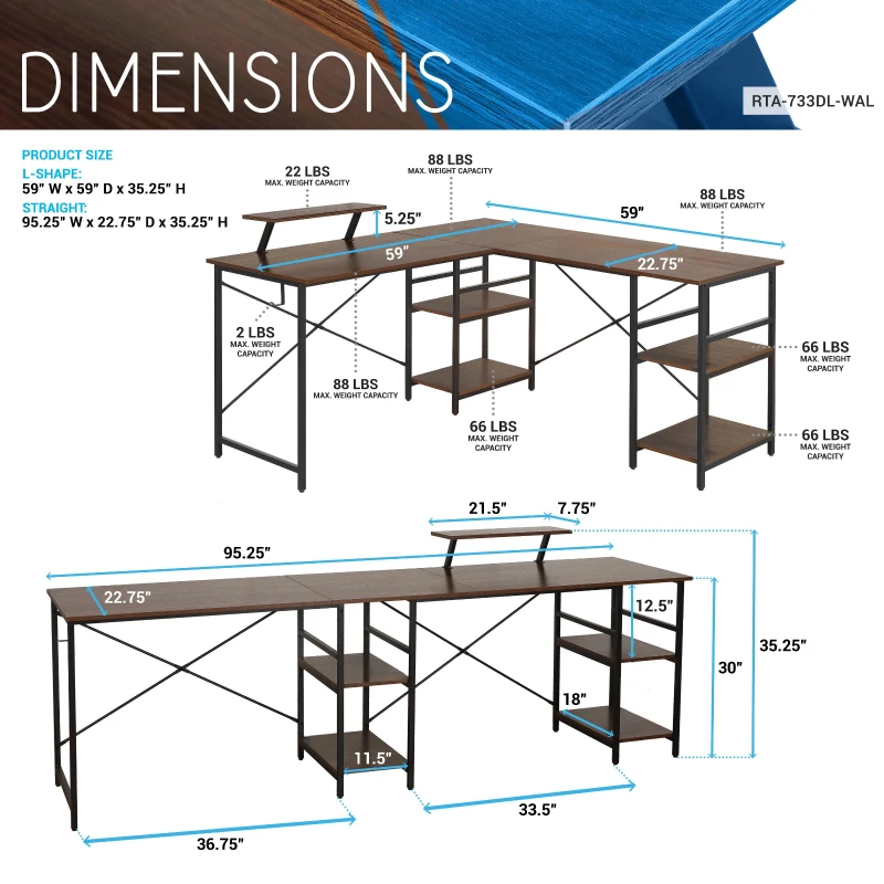 Industrial L-Shaped Desk with Raised Monitor Stand and Open Shelves, Modern Corner Computer Workstation for Home Office, 59" L x 59" W x 35" H, Walnut