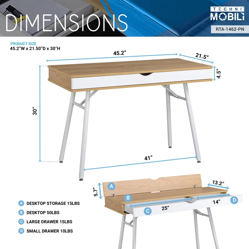 Modern Computer Desk with Accessory-Storage Compartment, Ideal Laptop Table for Bedrooms and Study Rooms, 45" L x 21.5" W x 30" H, Brown