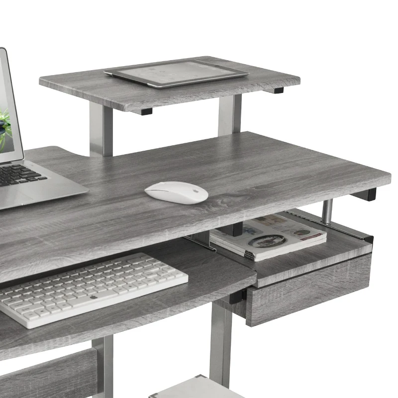 Practical Computer Desk with Slide-Out Keyboard Tray and Elevated Shelf, Ideal Workstation Table for Offices, Bedrooms, 38″ L x 22″ W x 35″ H, Gray