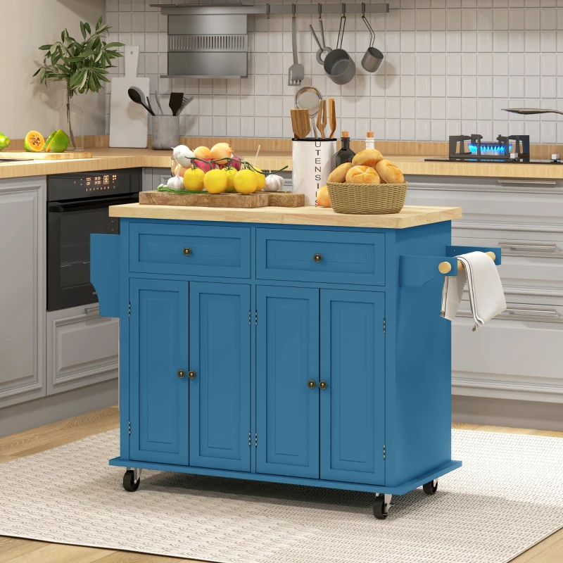 HOMCOM Kitchen Island on Wheels, Rolling Cart with Rubberwood Top, Spice Rack, Towel Rack and Drawers, Turquoise