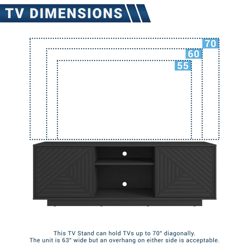 Sleek Modern TV Stand with Patterned Storage Doors, Contemporary Media Entertainment Console for Living Room, 63" L x 14" W x 21.5" H, Black