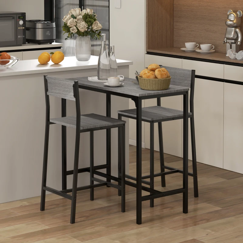 HOMCOM 3 Piece Bar Table and Chairs, Industrial Dining Table Set for 2, Counter Height Kitchen Table with Bar stools, Breakfast Table Set for 2 for Small Space, Gray