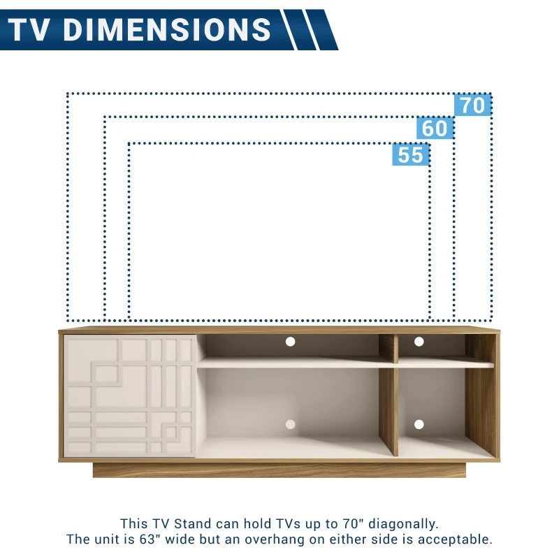 Contemporary Floating TV Stand with Patterned Cabinet Door, Modern Media Entertainment Console for Living Room, 63" L x 14" W x 21" H, Oak Natural Wood+Antique White