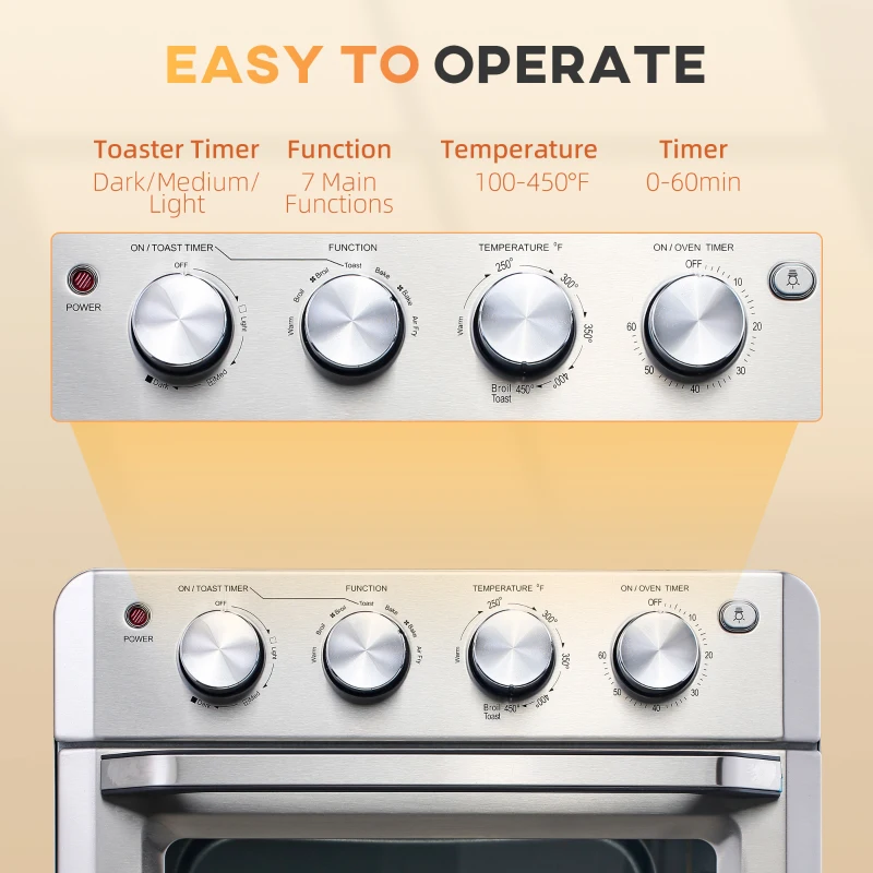 HOMCOM 7-in-1 Toaster Oven, 21 Qt 4-Slice Convection Oven with Warm, Broil, Toast, Bake Air Fryer Setting 60min Timer, Adjustable Thermostat, 3 Crust Shades, and 4 Accessories 1550W for Countertop