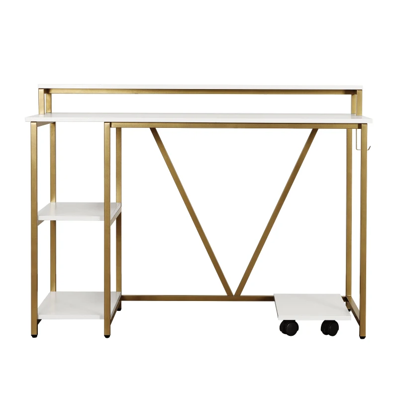 Industrial Writing Desk with Elevated Hutch Shelf and CPU Caddy, Modern Computer Table for Home Office, 46.5" L x 19" W x 34" H, Gold