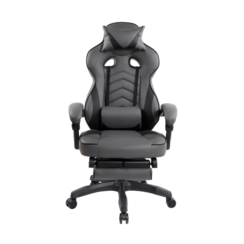 Comforting Executive Chair with Extending Footrest and Headrest Pillow, Ergonomic Office Chair for Gaming Rooms, 28″ L x 27″ W x 48.5″ H, Gray