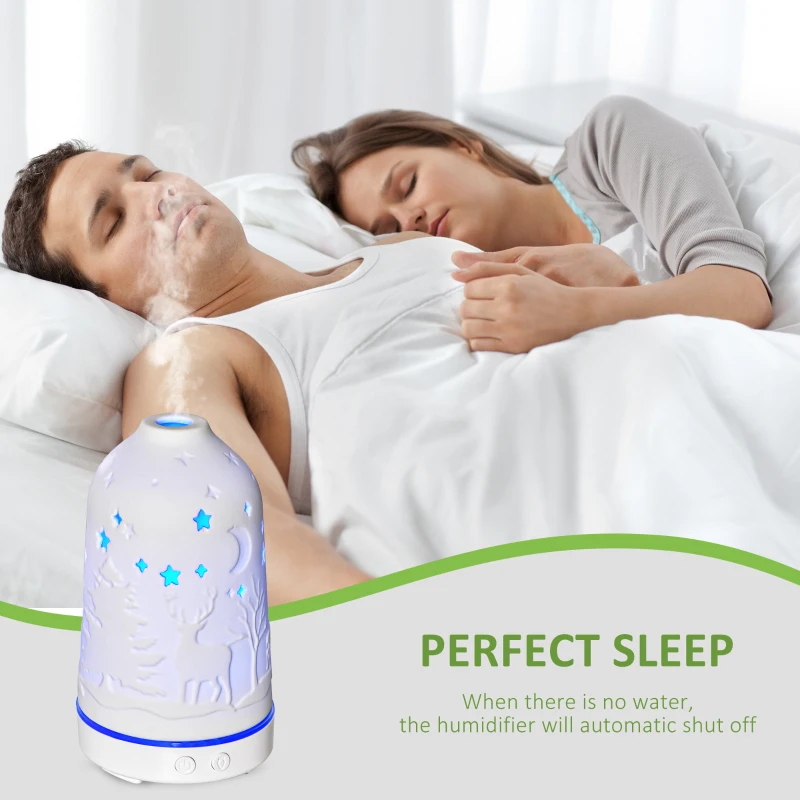 HOMCOM 100ml Ultrasonic Aromatherapy Diffuser, Essential Oils Humidifier with Ceramic Cover, 7 Colors LED Lights, Timer, Waterless Auto-off for Home and Office, White