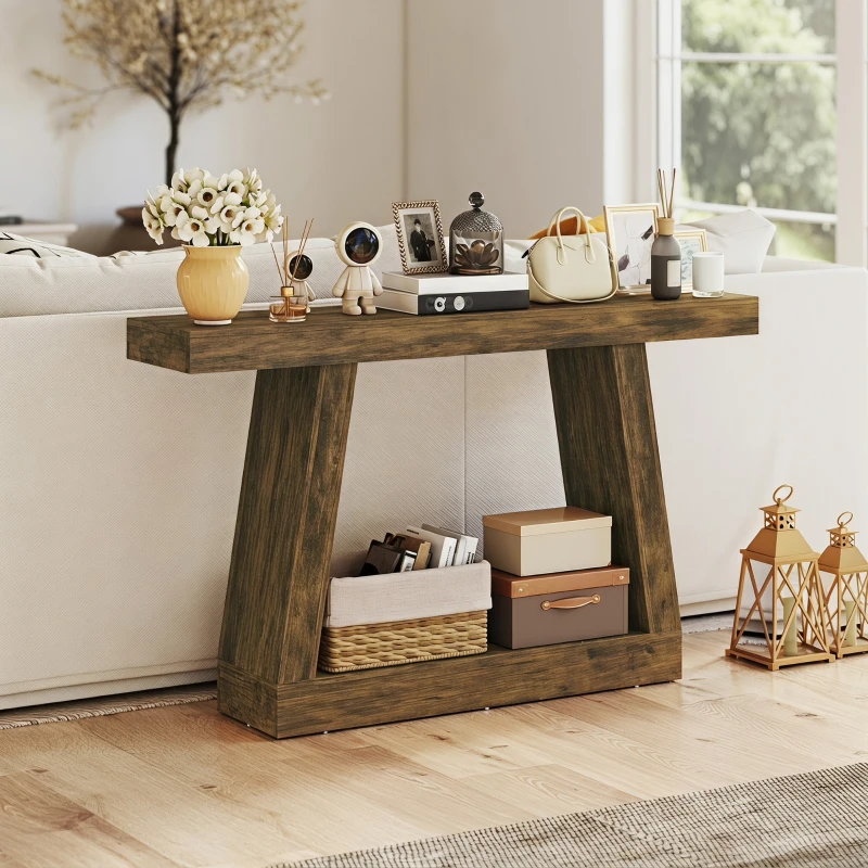 HOMCOM 55" Farmhouse Console Table, 2-Tier Entryway Table with Storage for Hallway, Living Room, Behind Couch, Rustic Brown