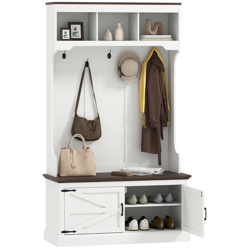 HOMCOM 3-in-1 Hall Tree with Shoe Storage, Coat Rack with Bench, Entryway Furniture with Five Hooks, White Wood Grain