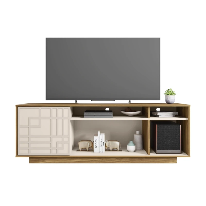 Contemporary Floating TV Stand with Patterned Cabinet Door, Modern Media Entertainment Console for Living Room, 63" L x 14" W x 21" H, Oak Natural Wood+Antique White