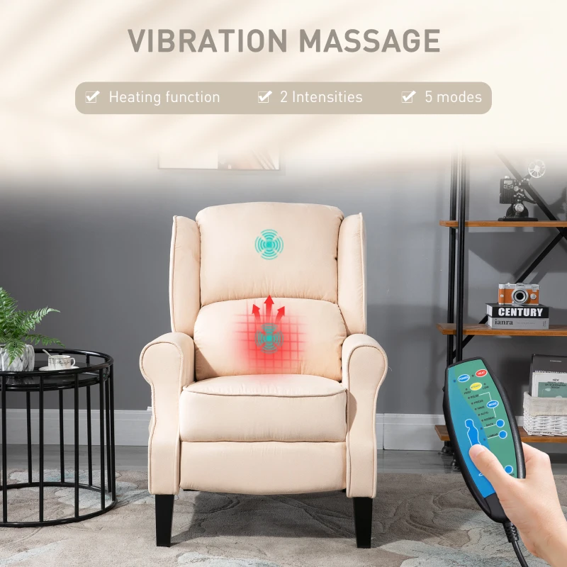 HOMCOM Recliner Chair for Living Room, Wingback Single Sofa with Vibration Massage, Heat, Push Back, Cream White