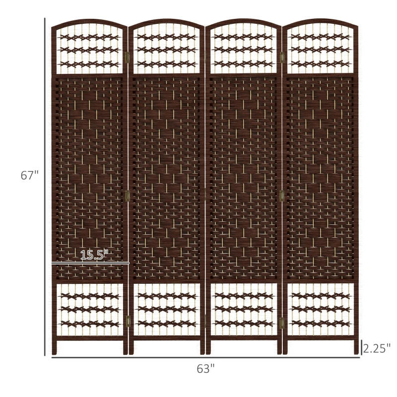 HOMCOM 4 Panel Folding Room Divider Portable Privacy Screen Wave Fiber Room Partition for Home Office Brown
